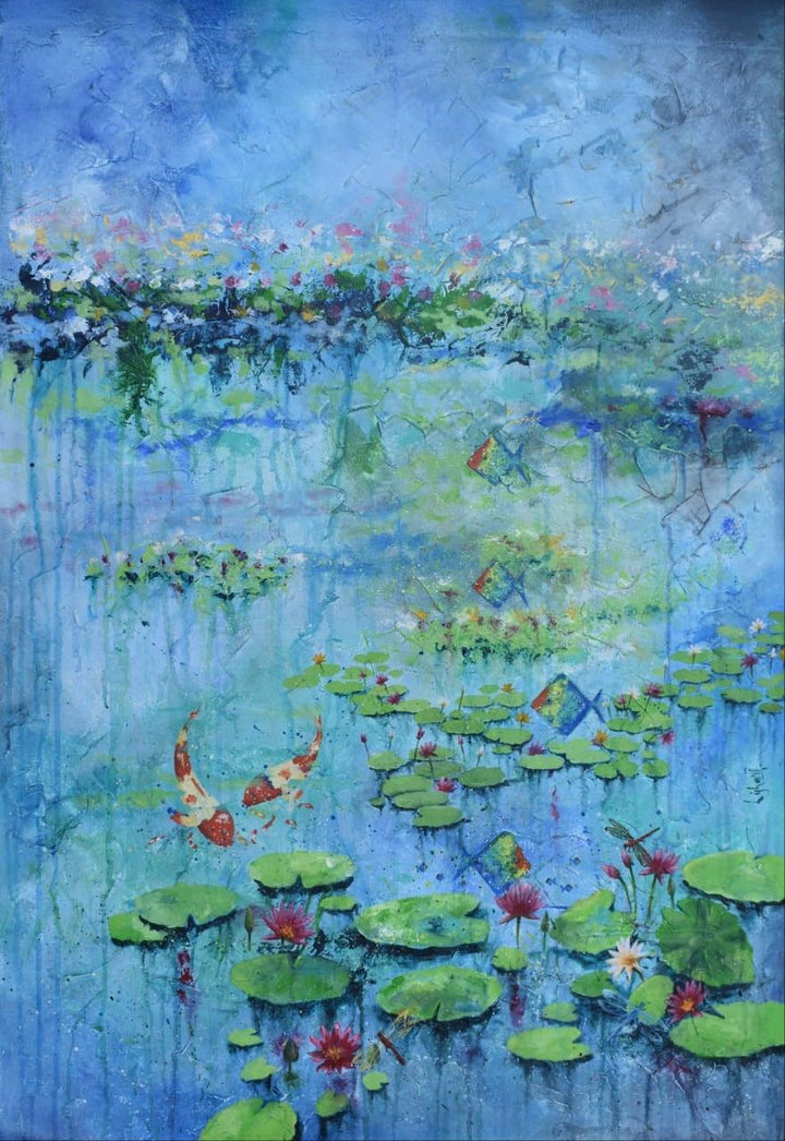 Lotus Pond Painting by Lisha N T | ArtZolo.com