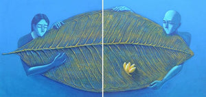 Figurative acrylic painting titled 'Love 1', 12x24 inches, by artist Virendra Chopde on Canvas