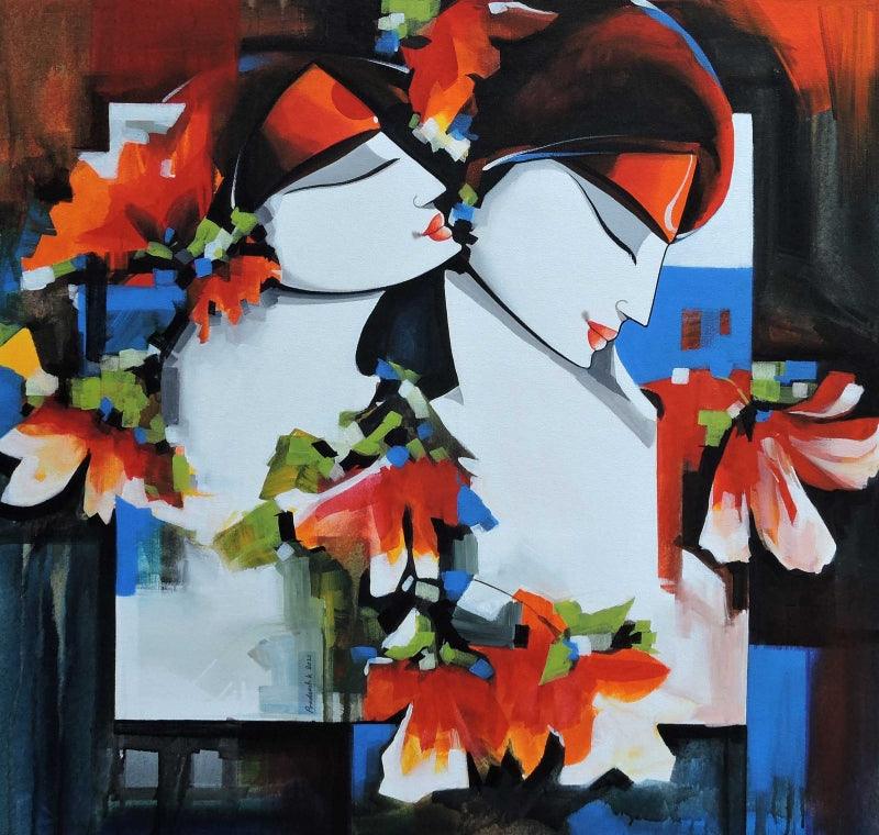 Figurative acrylic painting titled 'Love', 30x30 inches, by artist Pradeesh K Raman on canvas