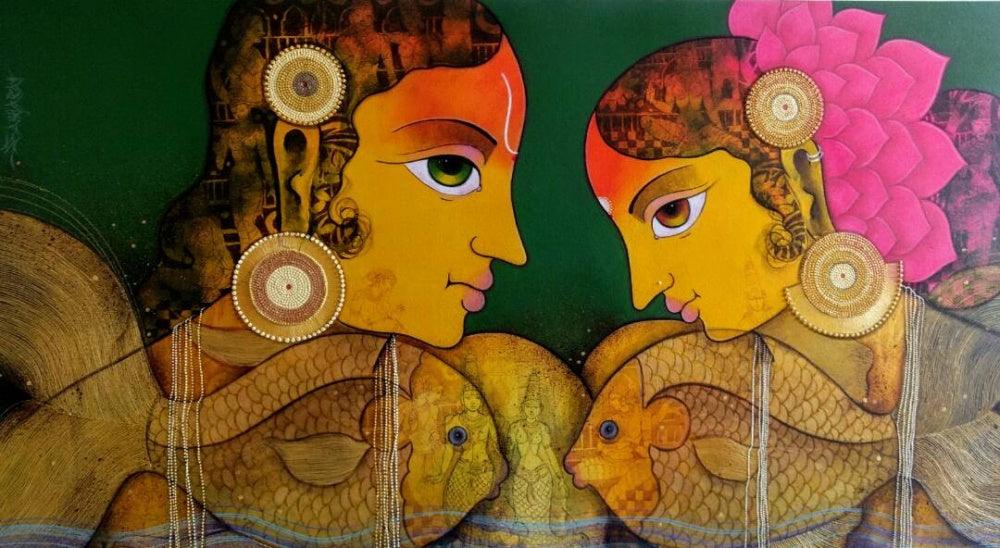 Figurative acrylic painting titled 'Love', 30x54 inches, by artist Sachin Kharat on Canvas