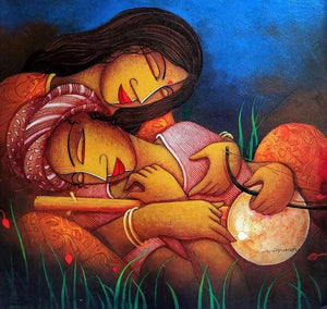 Figurative acrylic painting titled 'Love', 19x20 inches, by artist Samir Sarkar on Canvas