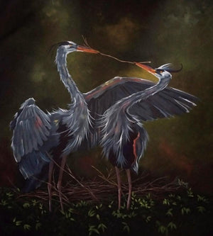 Love (Crane Love) by Lisha N T, Original Acrylic Animal Painting on Canvas, Medium Vertical Wall Art