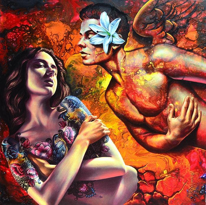 Figurative acrylic painting titled 'Love', 36x36 inches, by artist Prashanta Nayak on Canvas
