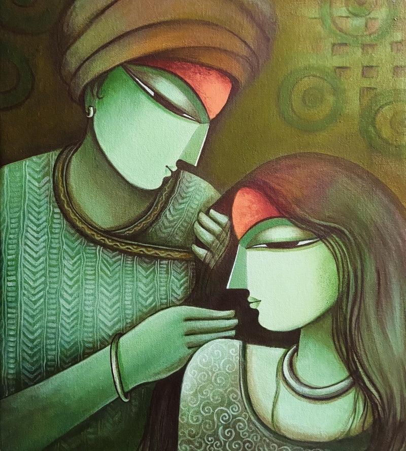 Figurative acrylic painting titled 'Love', 20x18 inches, by artist Mousumi Mukherjee on Canvas