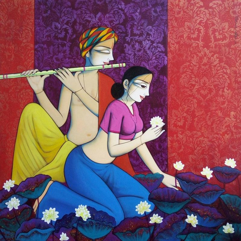 Figurative acrylic painting titled 'Love', 45x45 inches, by artist Pravin Utge on Canvas