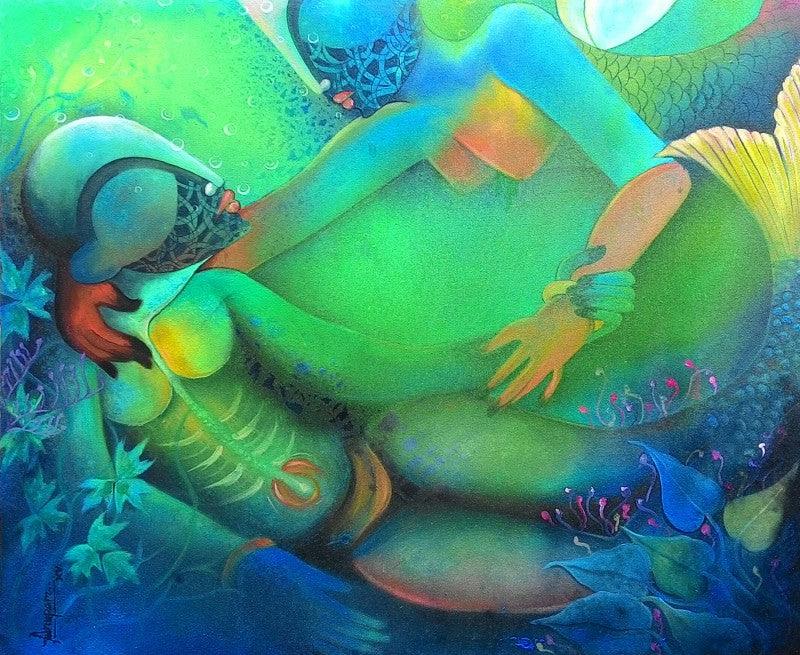 Figurative acrylic painting titled 'Love', 30x36 inches, by artist Anupam Pal on Canvas