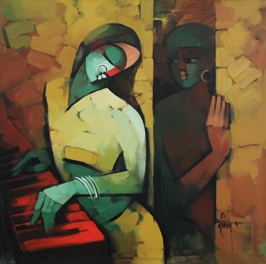 Figurative acrylic painting titled 'Love', 36x36 inches, by artist Deepa Vedpathak on Canvas