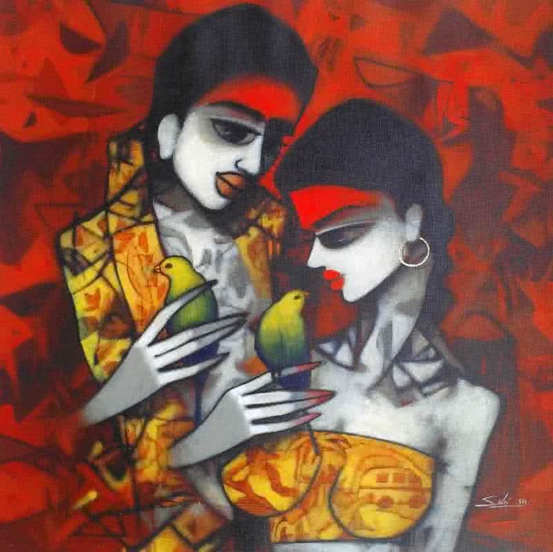 Figurative acrylic painting titled 'Love Birds', 24x24 inches, by artist Mukesh Salvi on Canvas