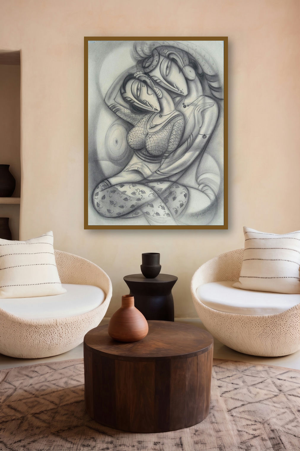 Love Ii (A Gentle Embrace) by artist Ramesh Pachpande displayed in a Indian Art gallery