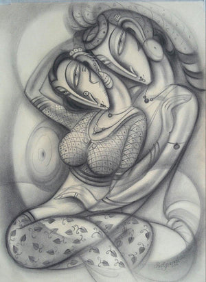 Love Ii (A Gentle Embrace) by Ramesh Pachpande, Original Charcoal Figurative Painting on Paper, Medium Vertical Wall Art