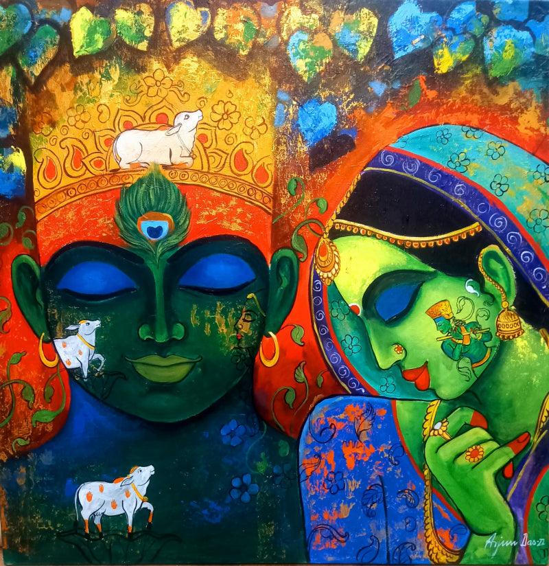 Religious acrylic painting titled 'Love Saga 3', 30x30 inches, by artist Arjun Das on Canvas