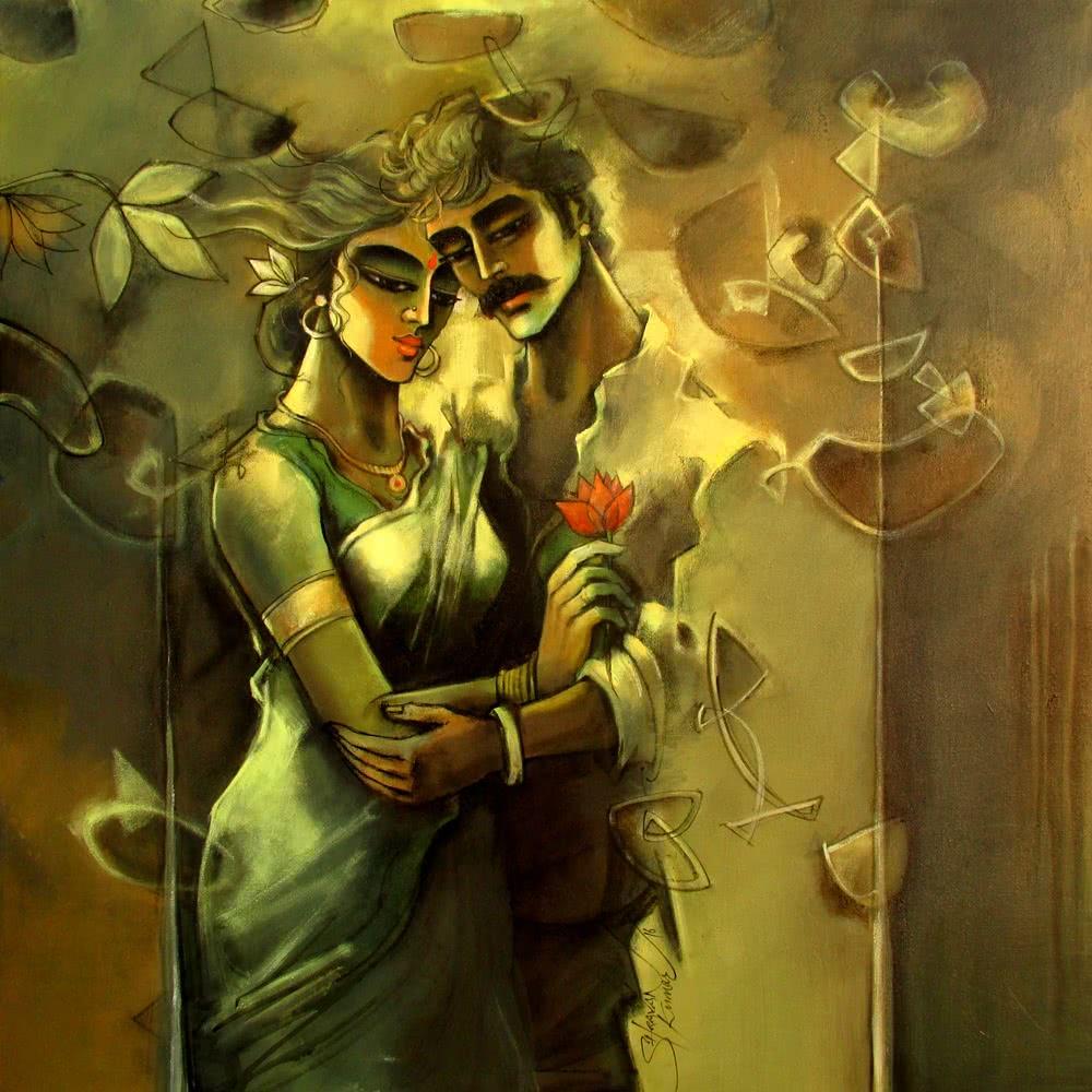 Figurative mixed media painting titled 'Lovely Couple', 36x36 inches, by artist Shravan Kumar on Canvas