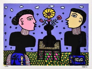 Figurative reverse serigraph painting titled 'Lovers', 24x32 inches, by artist Madhvi Parekh on Acrylic