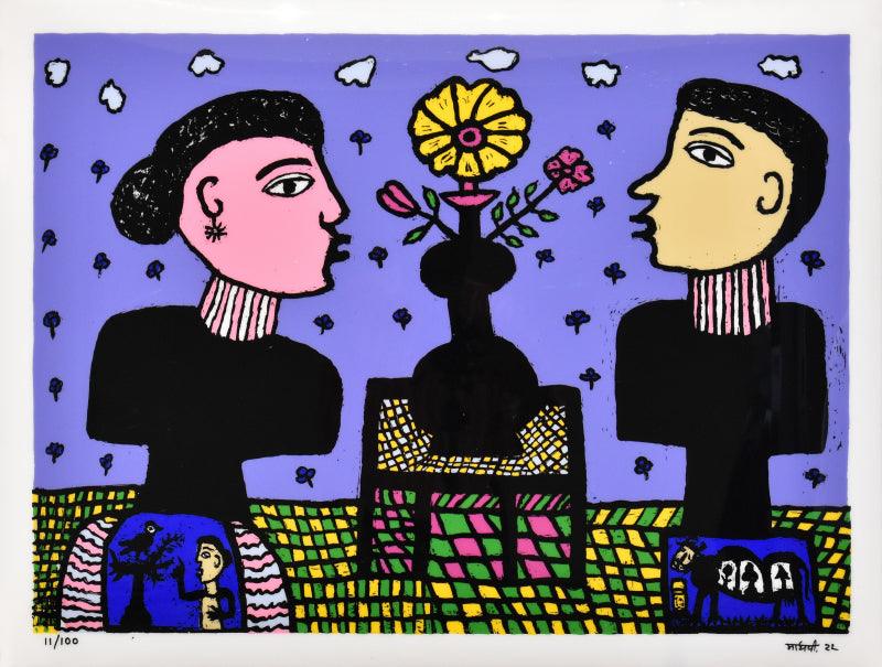 Figurative reverse serigraph painting titled 'Lovers', 24x32 inches, by artist Madhvi Parekh on Acrylic