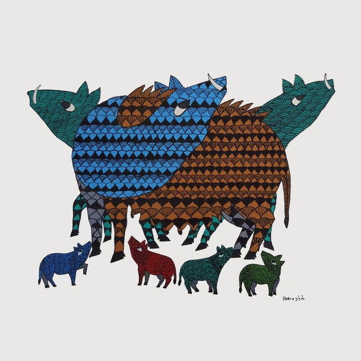 Lucky Boars Gond Art Traditional Art by Kishan Uikey | ArtZolo.com