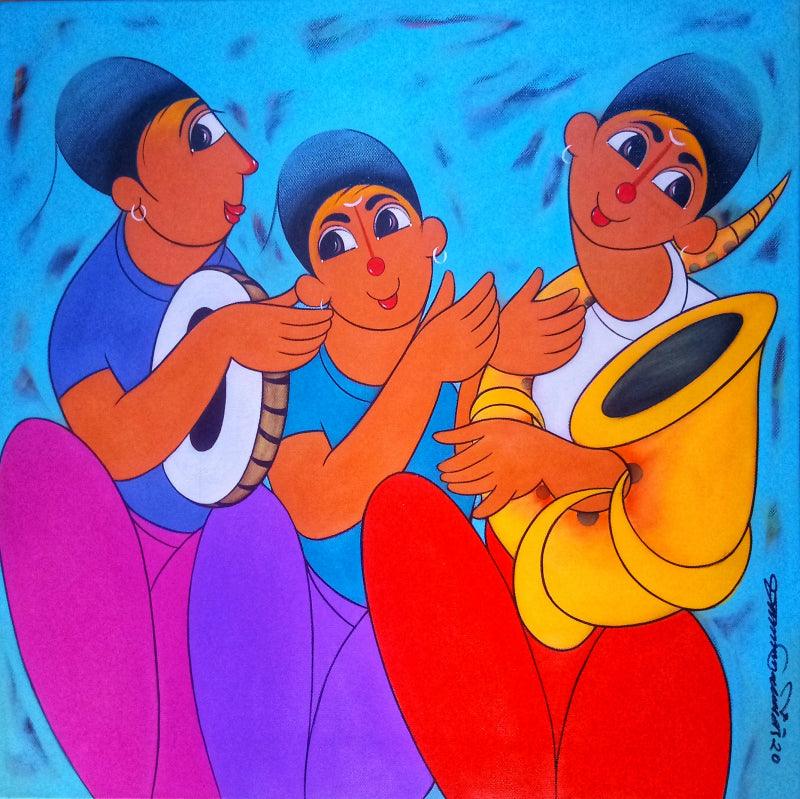 Figurative acrylic painting titled 'MUSICAL FRIENDS', 24x24 inches, by artist Dnyaneshwar Bembade on CANVAS