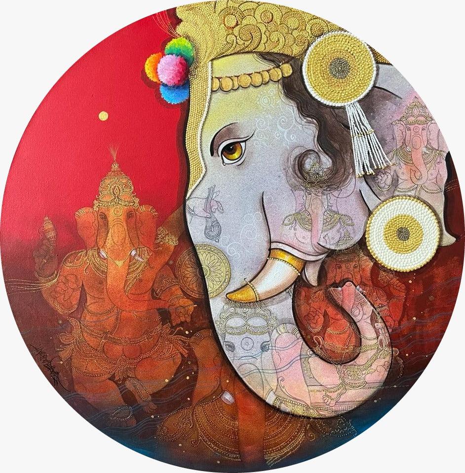 Religious acrylic painting titled 'Mahaganapati', 30x30 inches, by artist Sachin Kharat on Canvas
