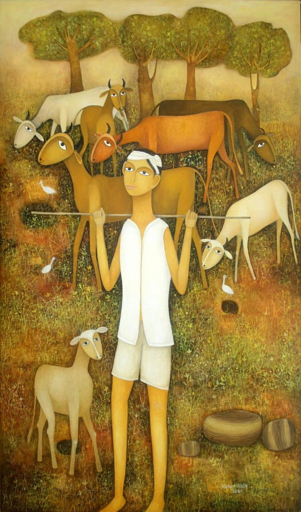 Man With Animals Painting by Mohan Naik | ArtZolo.com