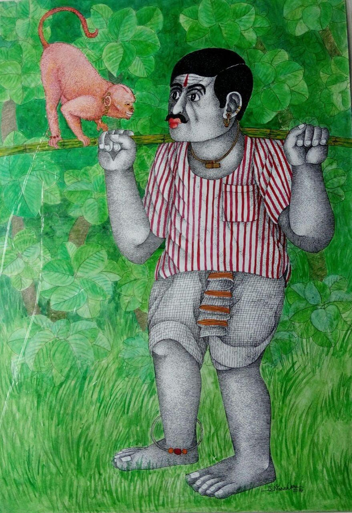 Man And Monkey Painting by Bhawandla Narahari | ArtZolo.com