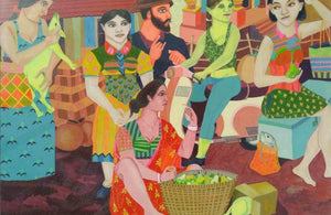 Figurative gouache painting titled 'Market', 15x22 inches, by artist Shripad Gurav on Paper