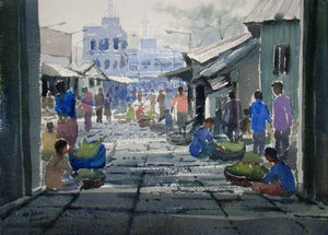 Market (A Day at the Market) by Jiaur Rahman, Original Watercolor Cityscape Painting on Paper, Small Horizontal Wall Art