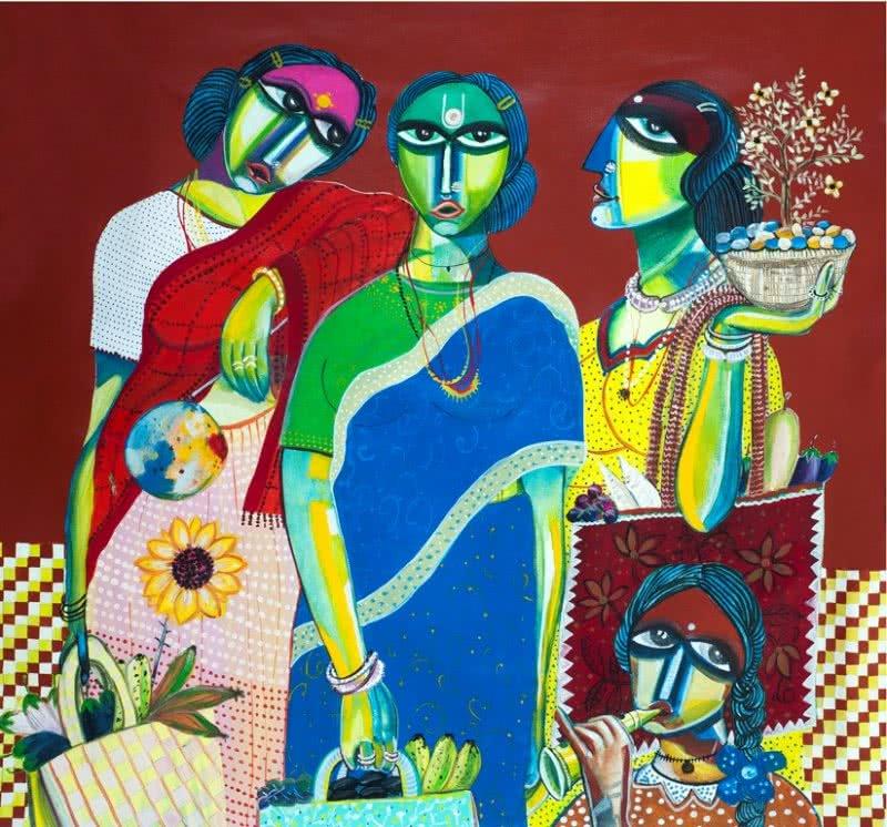 Figurative acrylic painting titled 'Market', 36x38 inches, by artist Arun K Mishra on Canvas