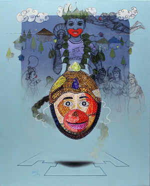 Figurative acrylic oil painting titled 'Mask 1', 30x24 inches, by artist Ramchandra Kharatmal on Canvas