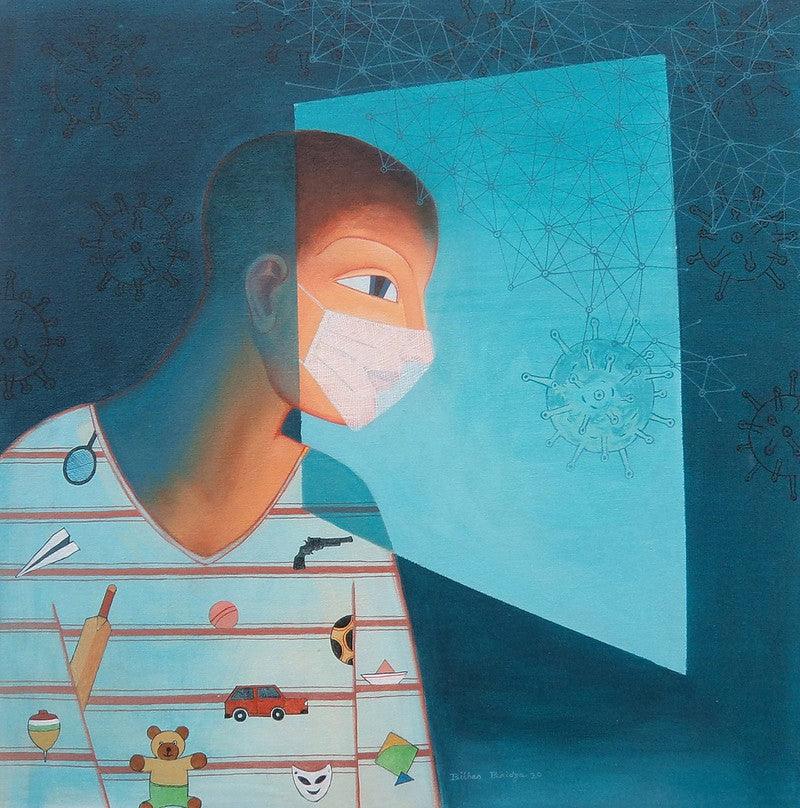 Figurative acrylic painting titled 'Masked', 24x24 inches, by artist Bibhas Baidya on Canvas