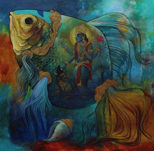Religious acrylic painting titled 'Mathya Avatara', 48x48 inches, by artist N P Rajeshwarr on Canvas