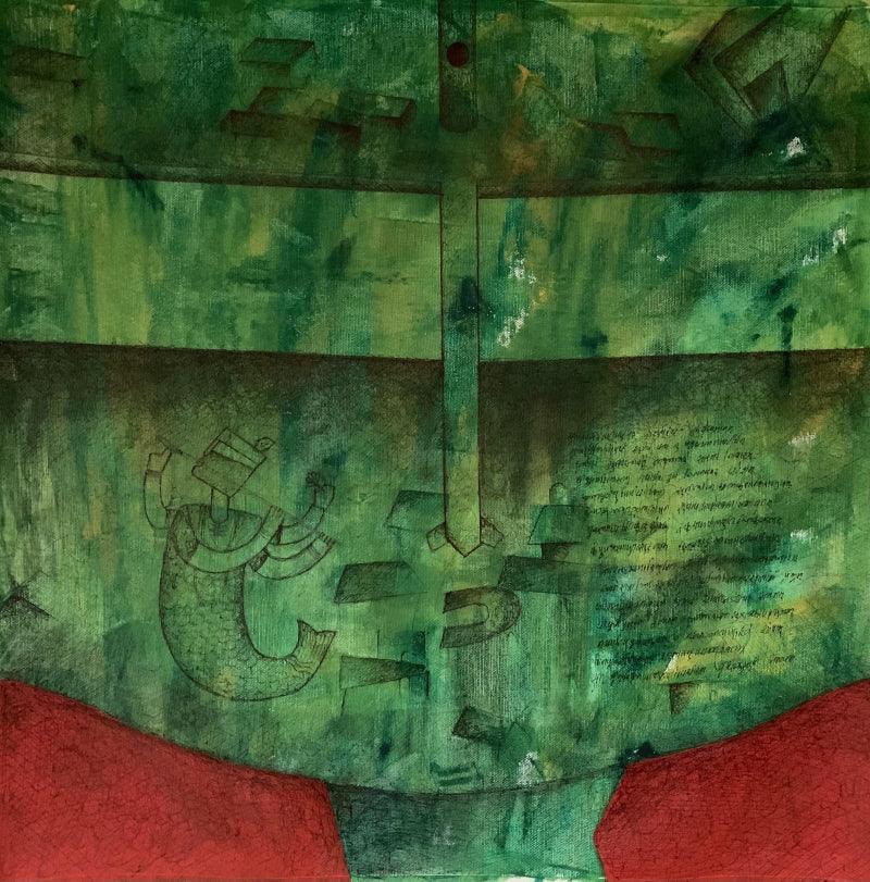 Figurative acrylic painting titled 'Matsya', 20x20 inches, by artist Amit Pithadia on Canvas