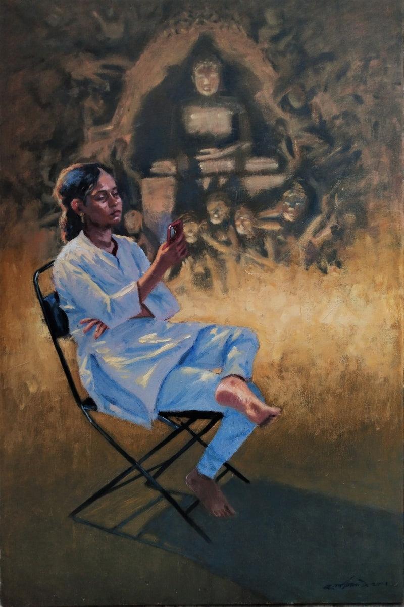 Figurative oil painting titled 'Meditation', 36x24 inches, by artist Swapnil Pate on Canvas
