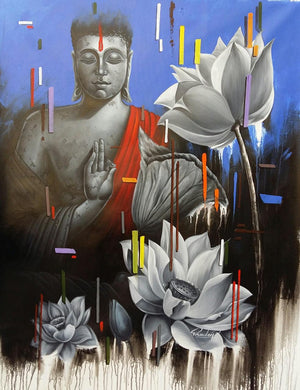 Religious acrylic oil painting titled 'Meditation', 48x36 inches, by artist Pradeep Kumar on Canvas