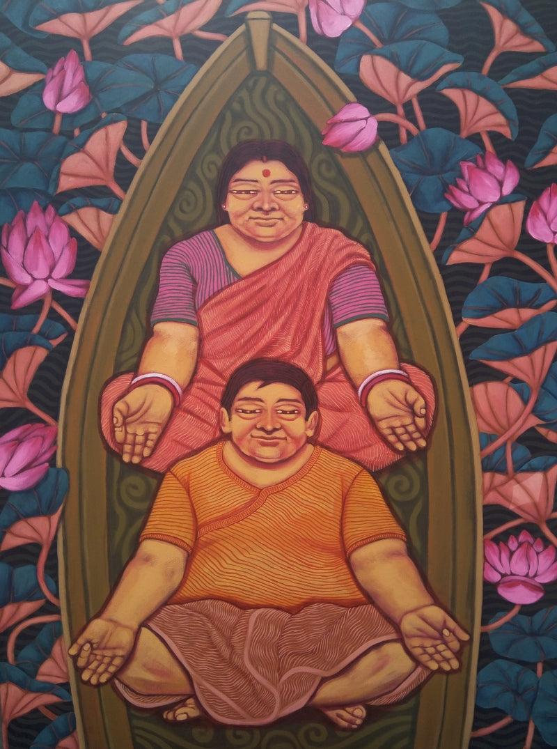 Figurative acrylic painting titled 'Meditation', 42x30 inches, by artist Apurba Karati on Canvas