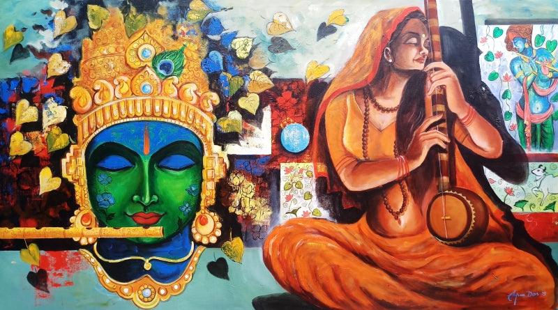 Religious acrylic painting titled 'Meera Ke Krishna 10', 33x60 inches, by artist Arjun Das on canvas