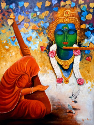 Religious acrylic painting titled 'Meera Ke Krishna', 48x36 inches, by artist Arjun Das on canvas
