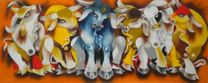 Animals acrylic painting titled 'Meeting', 24x60 inches, by artist Uttam Manna on Canvas