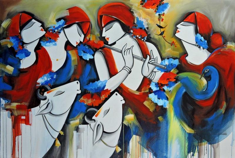 Figurative acrylic painting titled 'Melody', 48x72 inches, by artist Pradeesh K Raman on canvas