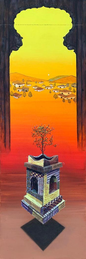 Landscape acrylic charcoal painting titled 'Memories 1', 36x12 inches, by artist Ramchandra Kharatmal on Canvas