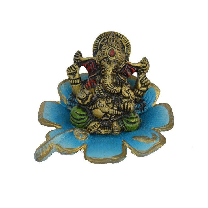 Metal Ganesha Statue On Sky Blue Leaf Handicraft by E Craft | ArtZolo.com