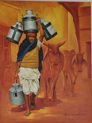 Figurative oil painting titled 'Milkman', 36x48 inches, by artist Kamal Rao on Canvas