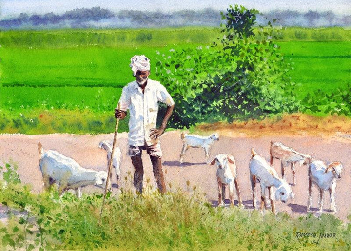 Minding His Herd 2 Painting by Ramesh Jhawar | ArtZolo.com