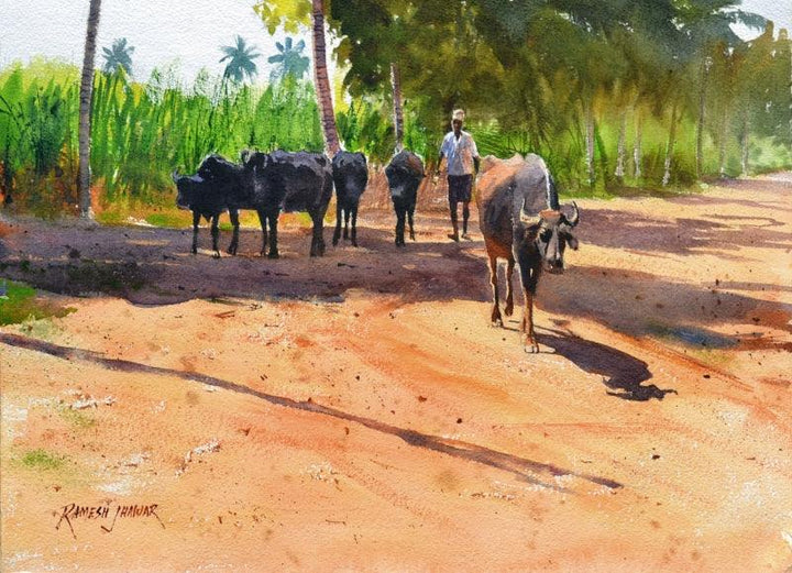Minding His Herd 3 Painting by Ramesh Jhawar | ArtZolo.com