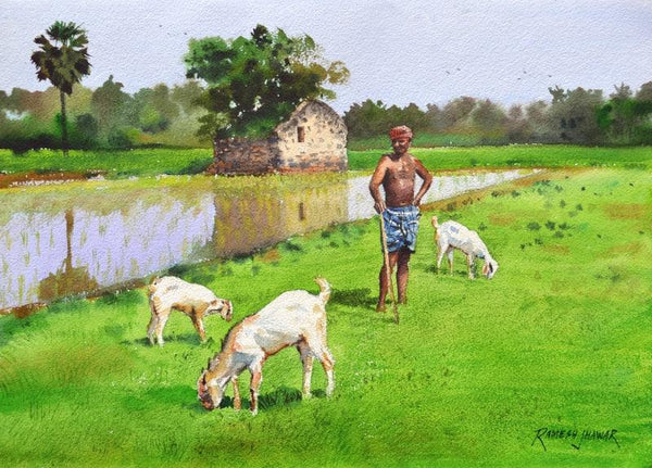 Minding His Herd 4 Painting by Ramesh Jhawar | ArtZolo.com