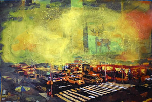 Mindscape (Urban Pulse) by Jasleen Singh, Original Acrylic Cityscape Painting on Photo Paper, Small Horizontal Wall Art
