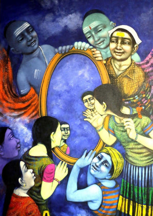 Figurative acrylic painting titled 'Mirror', 60x42 inches, by artist Apet Pramod on Canvas