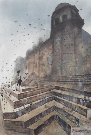 Cityscape watercolor painting titled 'Misty Banaras ghats', 22x15 inches, by artist Mrutyunjaya Dash on paper