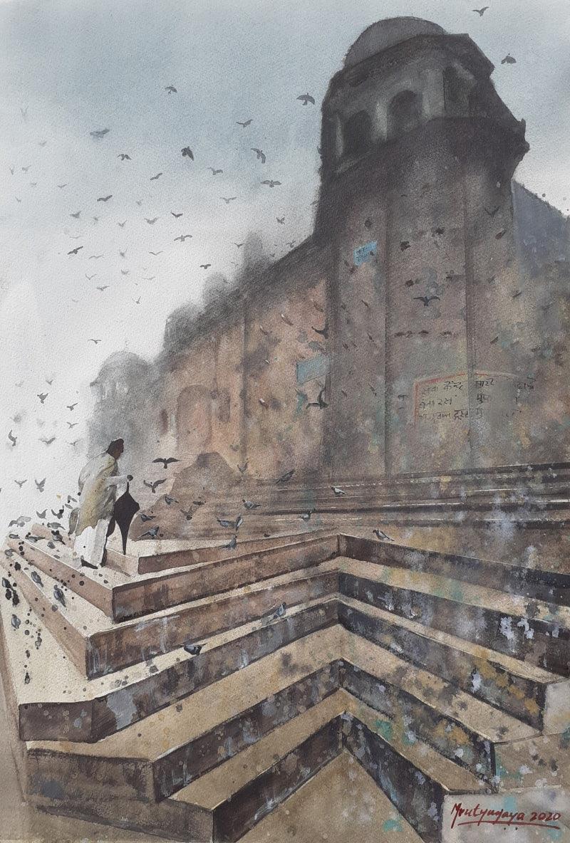 Cityscape watercolor painting titled 'Misty Banaras ghats', 22x15 inches, by artist Mrutyunjaya Dash on paper
