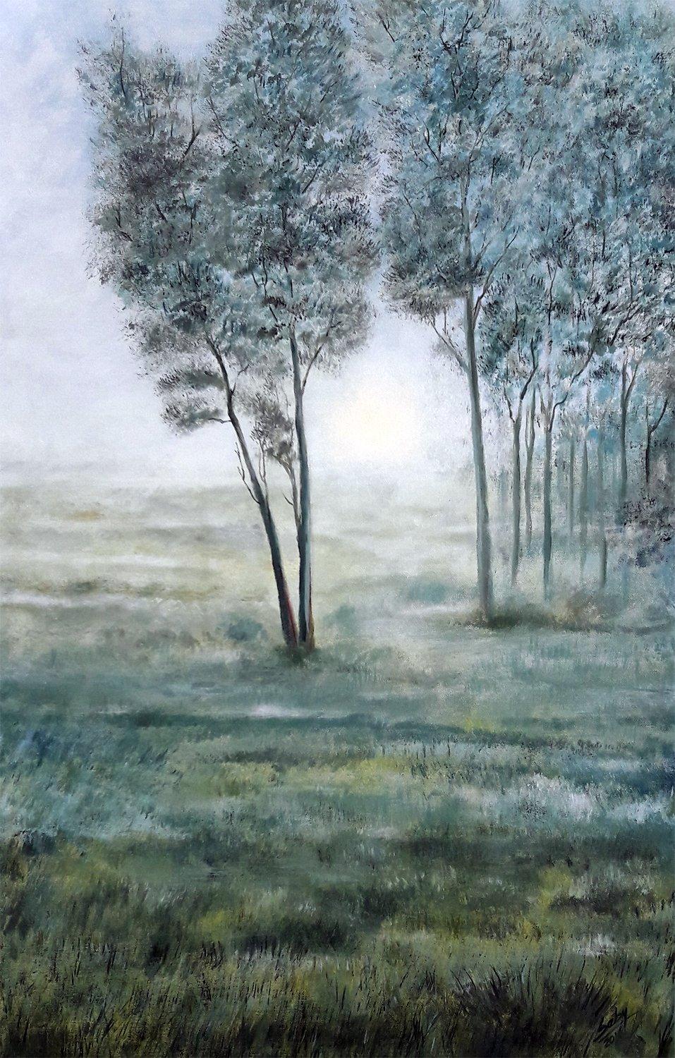 Nature acrylic painting titled 'Misty Morning', 36x24 inches, by artist Seby Augustine on Canvas