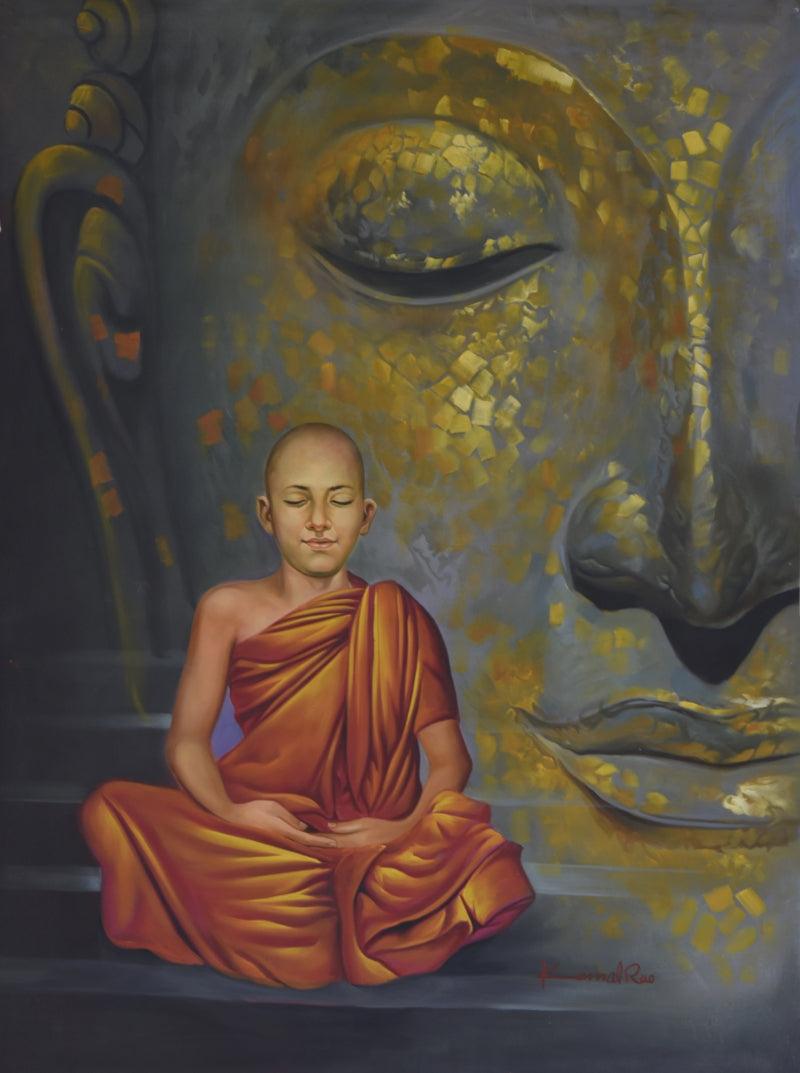 Religious oil painting titled 'Monk and the Master', 53x37 inches, by artist Kamal Rao on Canvas