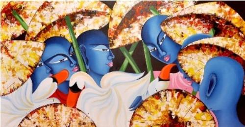 Monks Birds 24X48In Acrylic Oil On Canv Painting by Deepali Mundra | ArtZolo.com